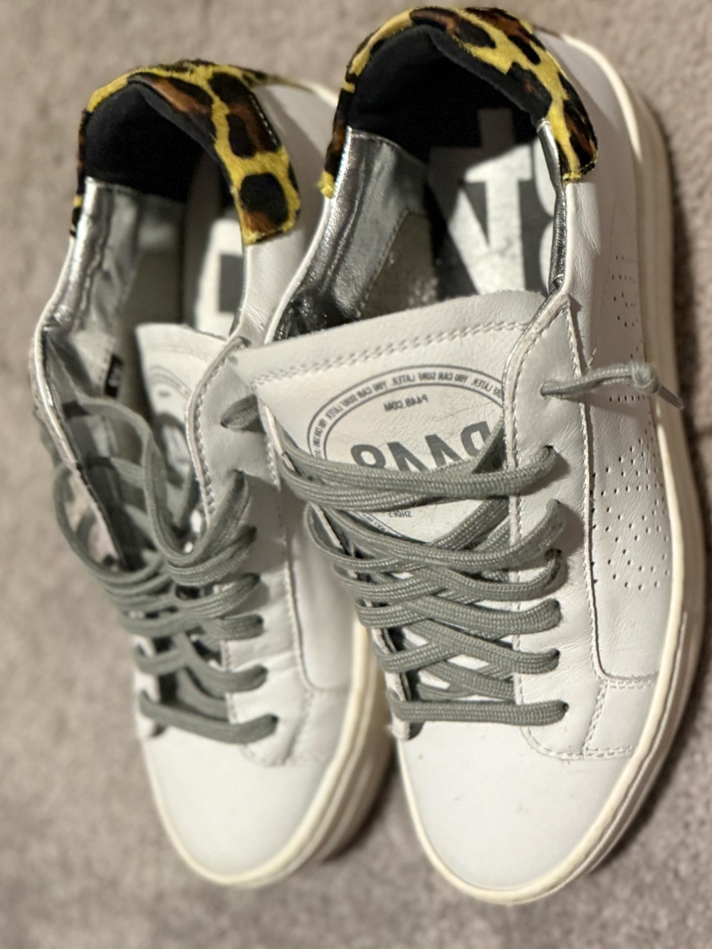 P448 White Sneakers with Gray Laces and Yellow Leopard Heel Accent - Picture 1 of 2